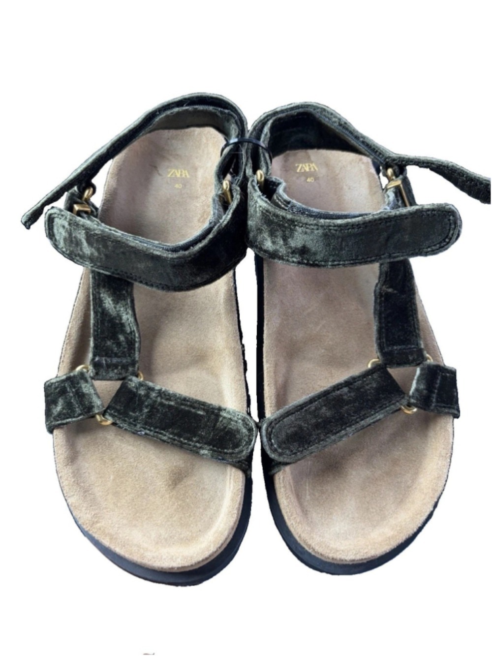 ZARA Velvet Strappy Sandals Womens 40/ US 9 Green Suede Footbed Flat Adjustable